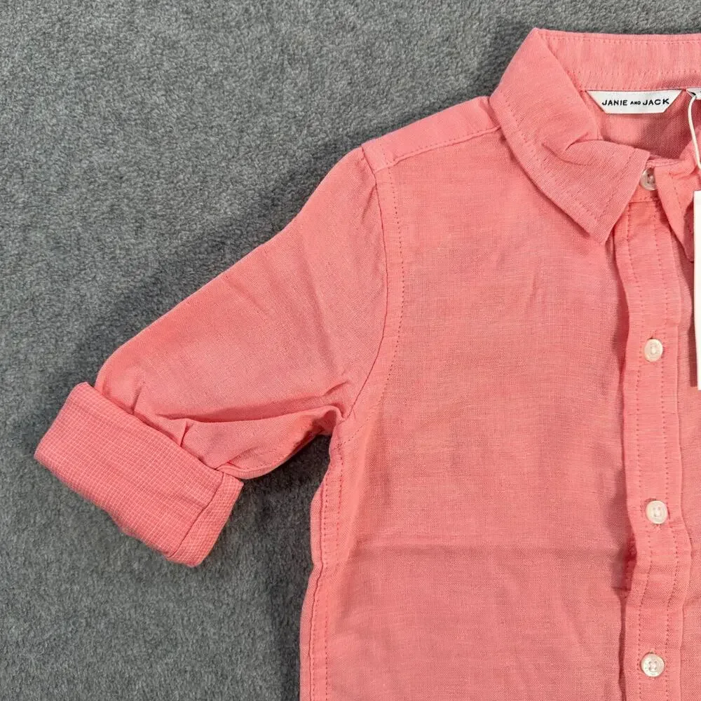 Janie and Jack Boy Size 2T Button Down Shirt Pink Cotton Collared Long Sleeve Ne